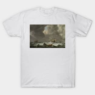 Dutch Merchantmen in Rough Seas off a Rocky Coast by Simon de Vlieger T-Shirt